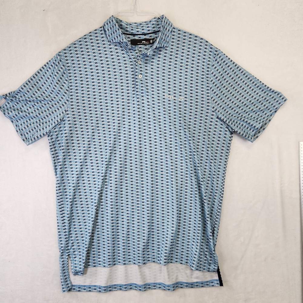 RLX Ralph Lauren Mens Blue Monogram Performance Golf Polo Shirt Large L‎
